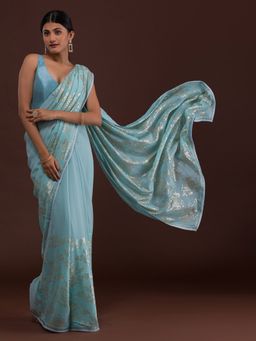 Koskii - Sky Blue Sequins Georgette Designer Saree with Unstitched Blouse